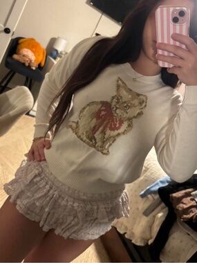 Aeropostale Cream Sweater with Kitten Graphic and Red Accent